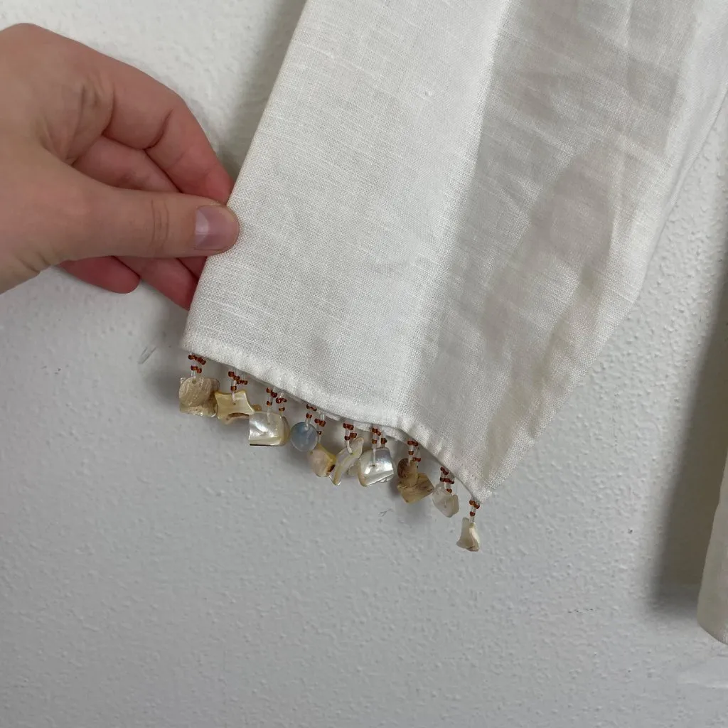 Lili Lalande Women's 42/‎ 10 White 100% Linen Blouse Abalone Shell Beads Fringe - Image 2