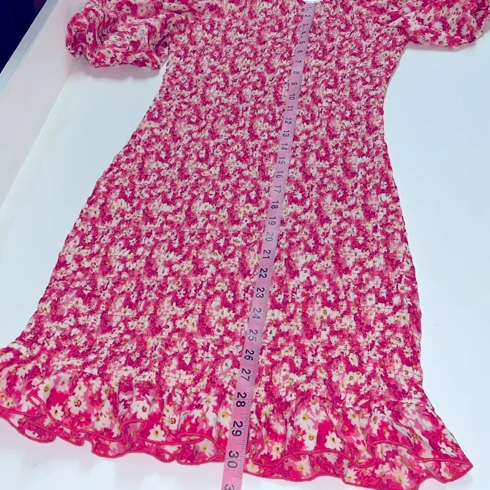 Puff sleeve floral dress medium super stretchy ruched bodice pink floral dress - Image 8