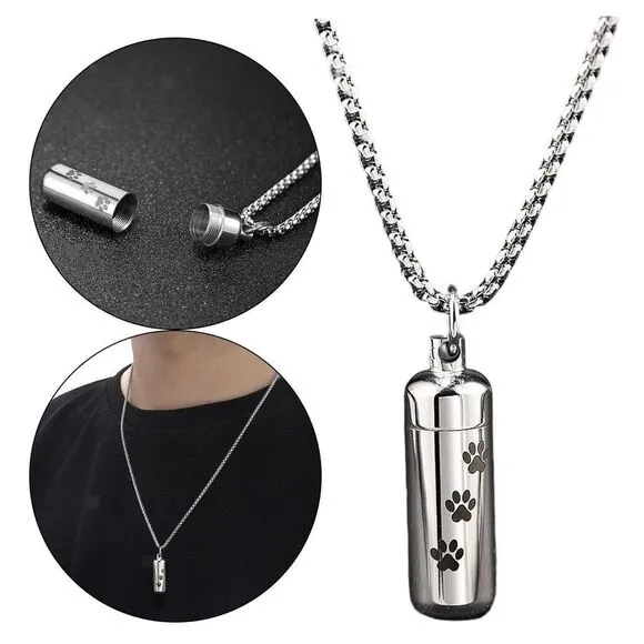 Pet Memorial Cremation Urn Necklace Paw Print Cylinder Pendant Silver Chain, 22" - Image 2