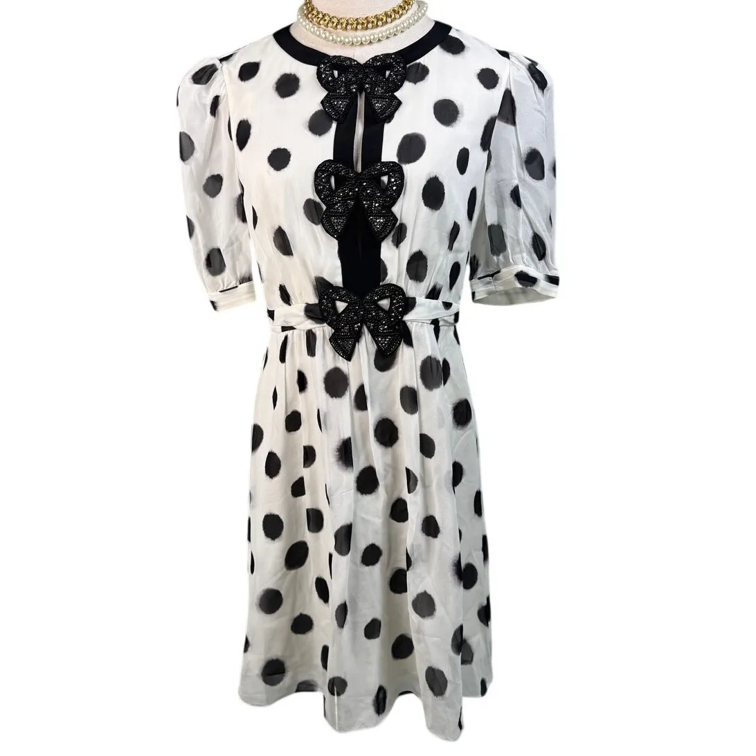 Saloni Jamie Silk Polka Dot Rhinestone Bow Mini Dress white black size US 4 - Image 5