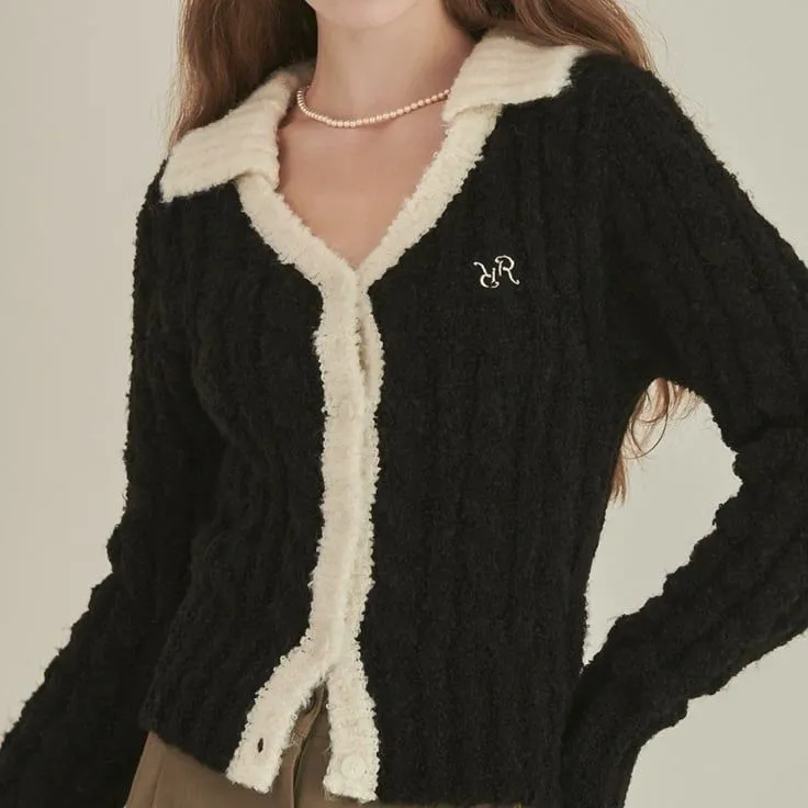 W Concept RonRon Collar Cable Boucle Alpaca wool blend Knit cardigan top Black - Image 2