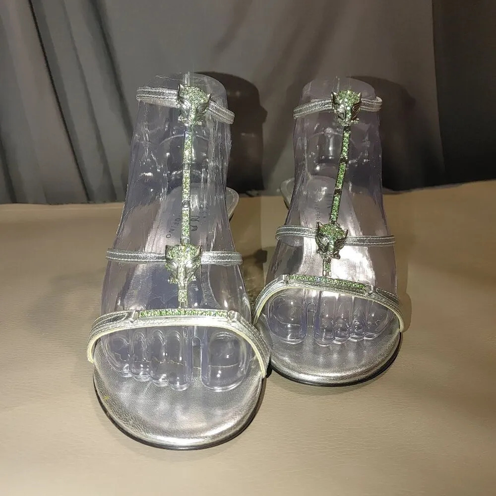 Mingo Portofino Vero Cuolo Italy Heels Silver Lime Green Crystals Panther Jaguar Size 5.5 - Image 3