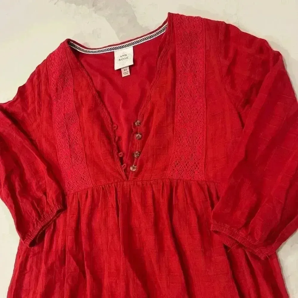Knox Rose Red Tunic Top/Dress Embroidery Peasant Blouse Women’s XS Cottagecore - Image 3