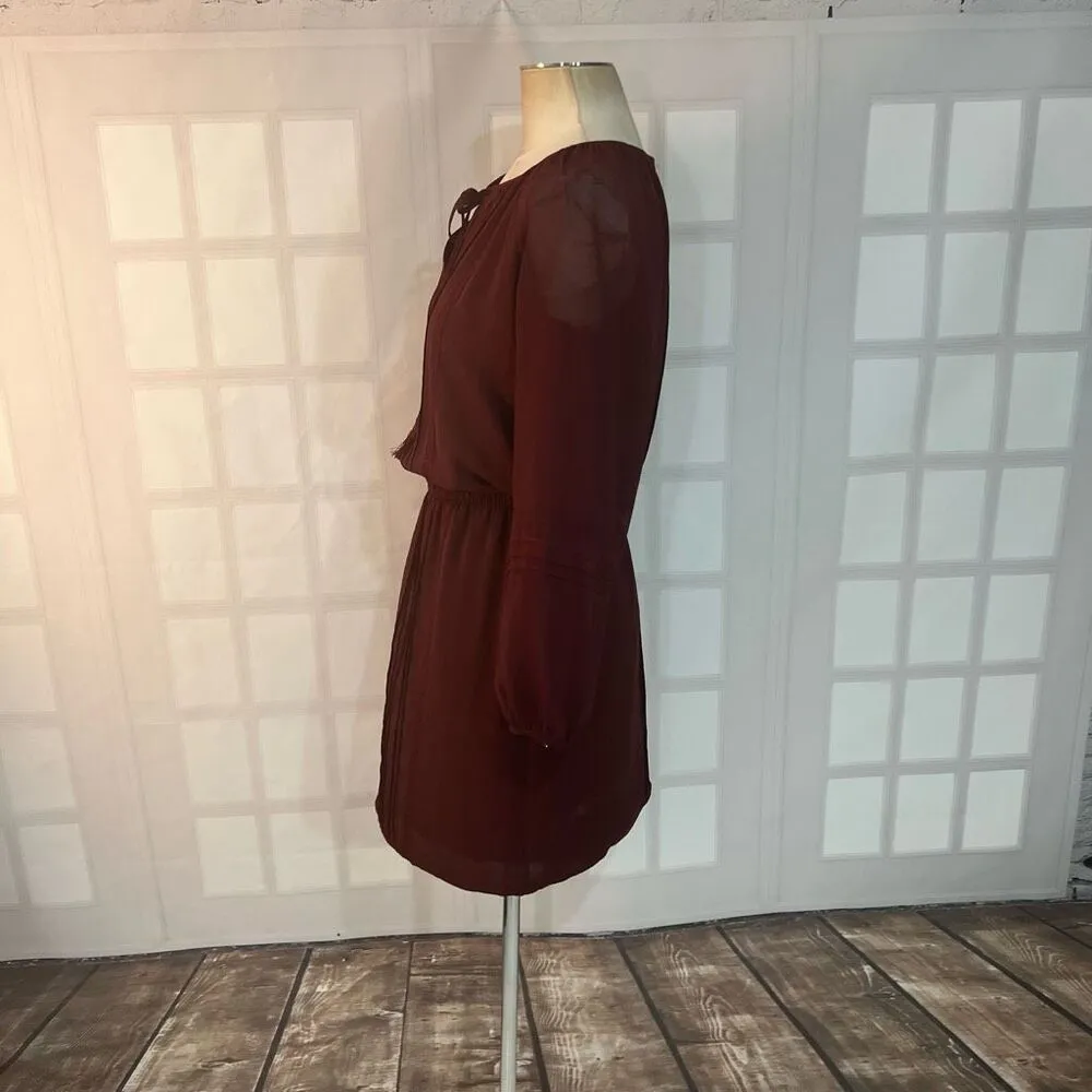 White House Black Market Burgundy Tie Neck Lace Long Sleeve Blouson Dress Sz XS - Image 6