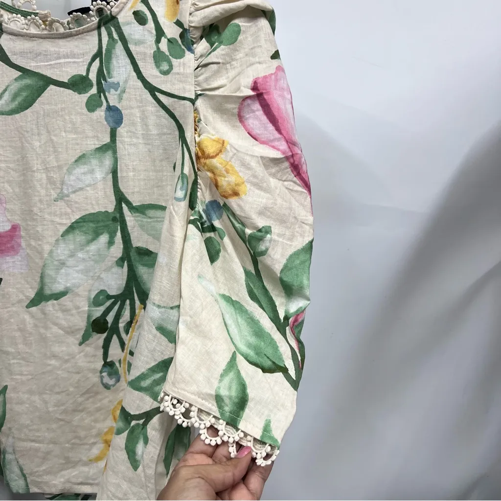 RACHEL Rachel Roy Floral Blouse with Puff Sleeves linen blend crochet trim S - Image 13