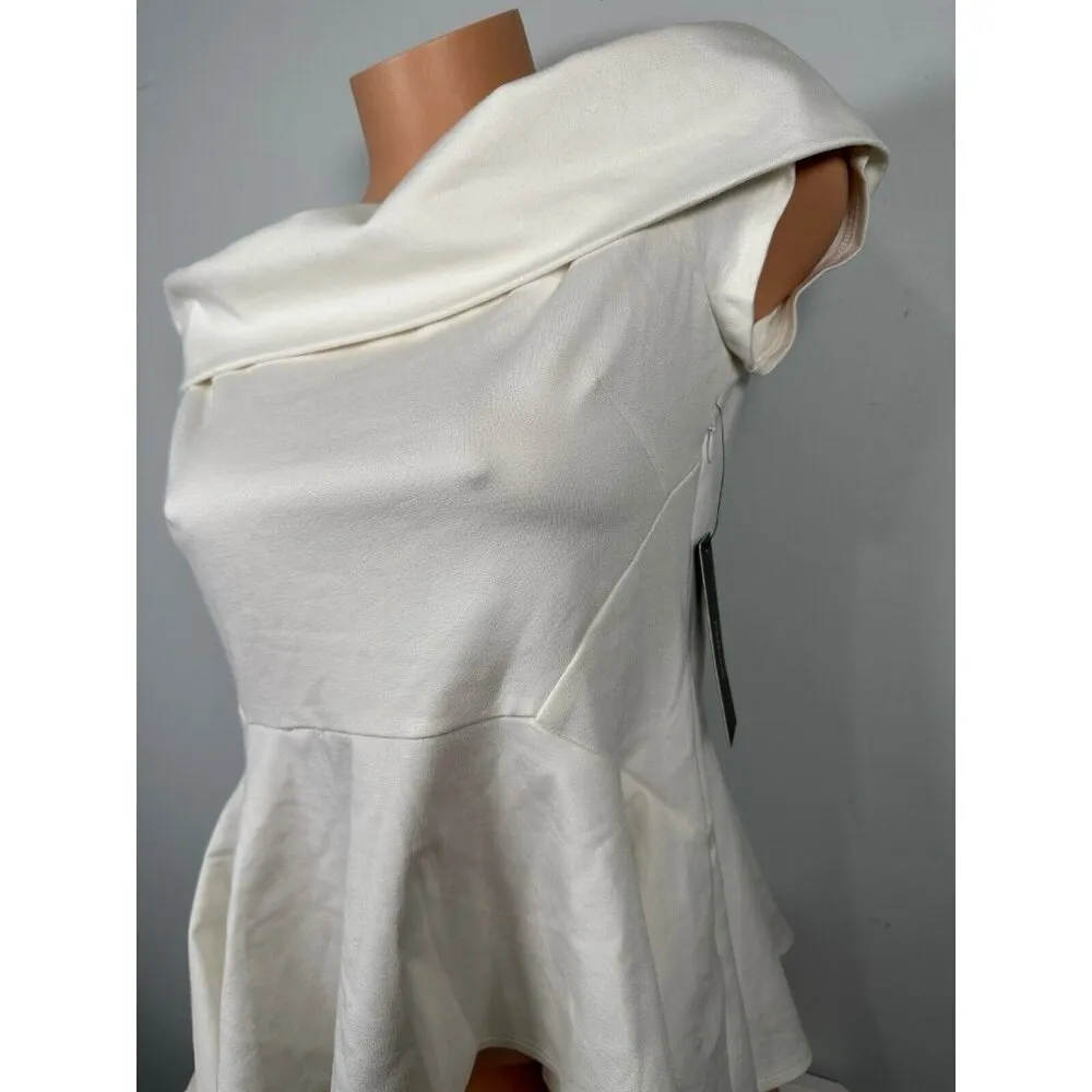NWT LULUS Large Off Shoulder Short Sleeve Asymmetric Peplum Top White Zip Womens - Image 7