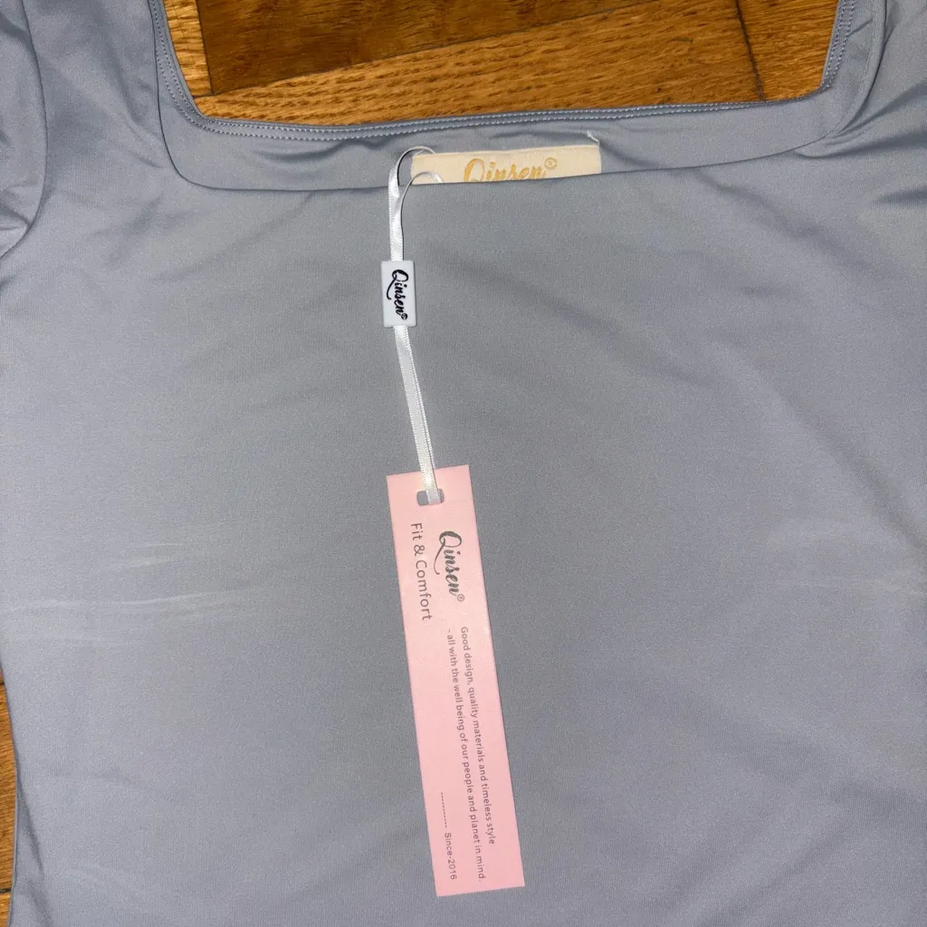 QINSEN Women's Square Neck Bodysuit Long Sleeve Double Lined Shirt Tops - Image 2