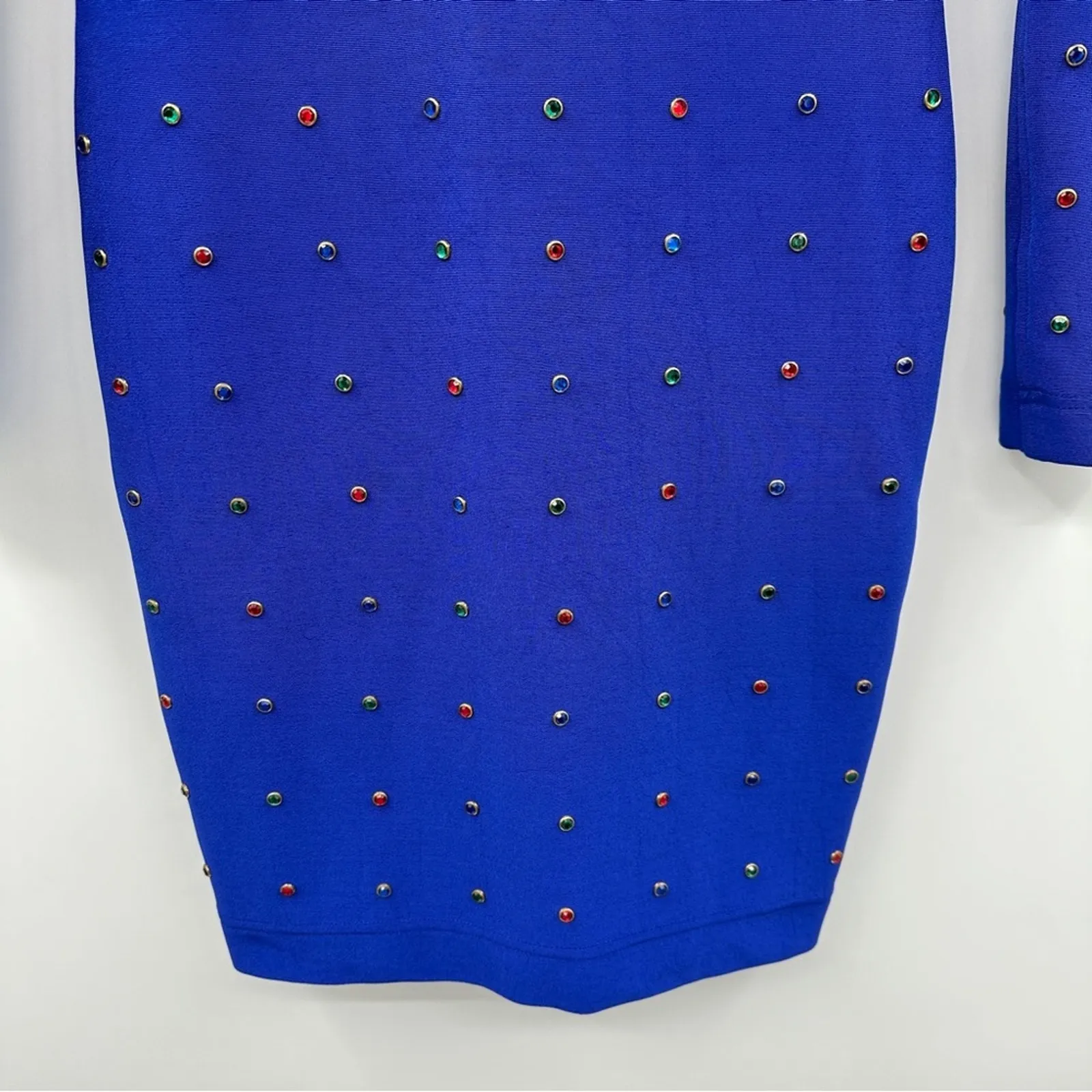 Vintage Tadashi 80s Blue Jeweled Bling Bodycon‎ Sheath Knit Knee Length Dress - Image 3