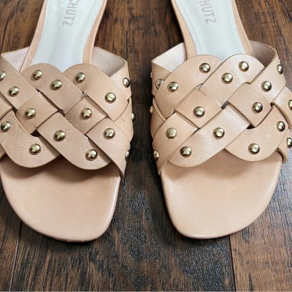 SCHUTZ • Betisa Slide Sandal nude leather Honey Beige studded flat - Image 4