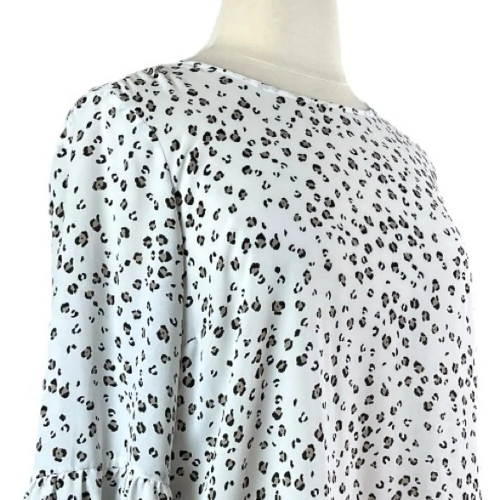 Elle Blouse Top Ruffle Bell Sleeve Pullover White Black Leopard Women’s Size XL - Image 6