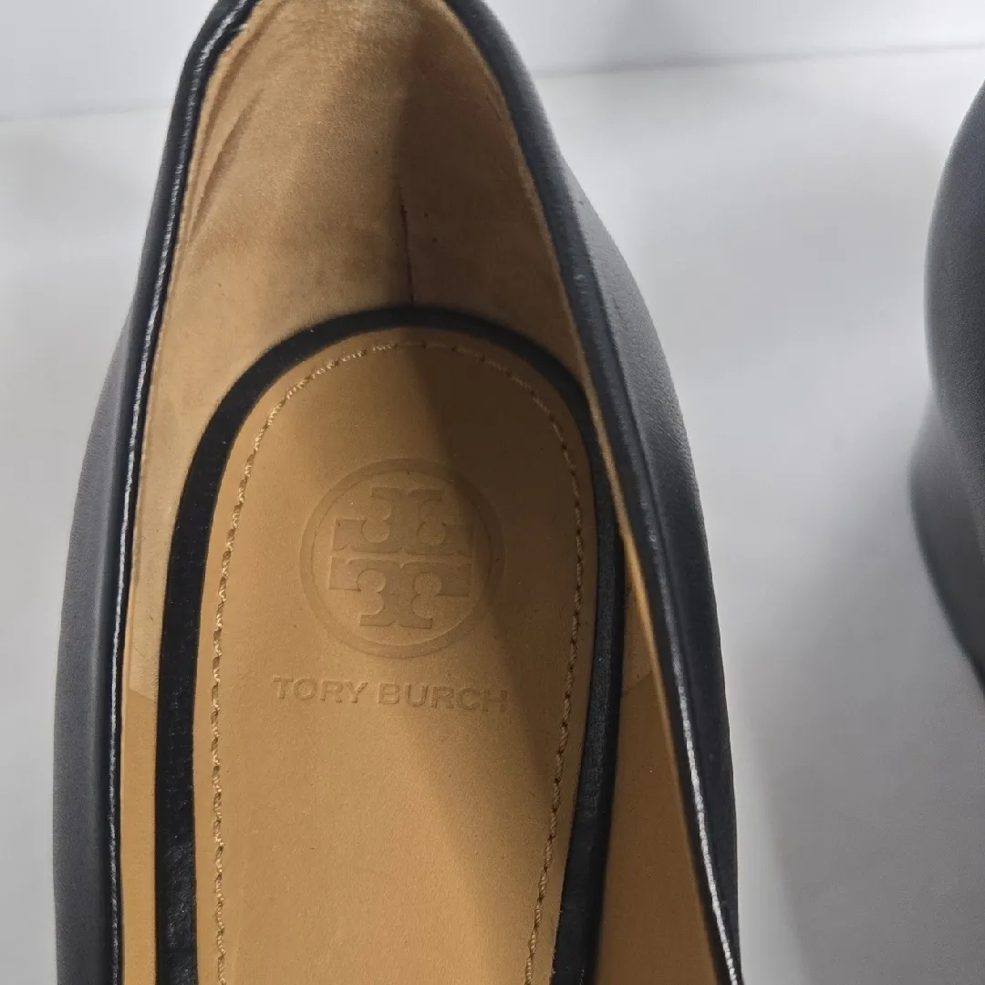 Tory Burch Black Peep-Toe Heels with Gold Accent - Image 2