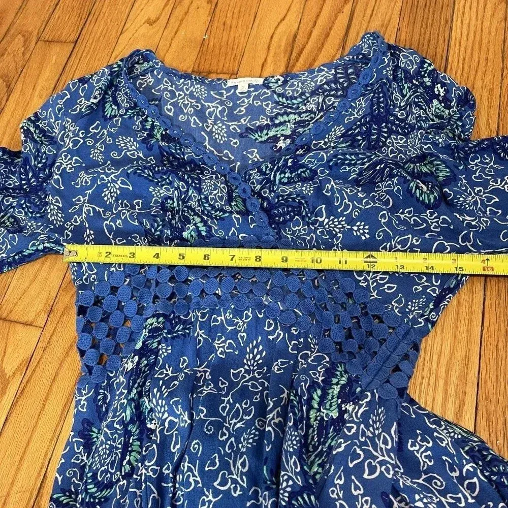 Poupette St Barth Joan Maxi Crochet Waist Dress‎ in Blue Malva Bird Print XS - Image 11