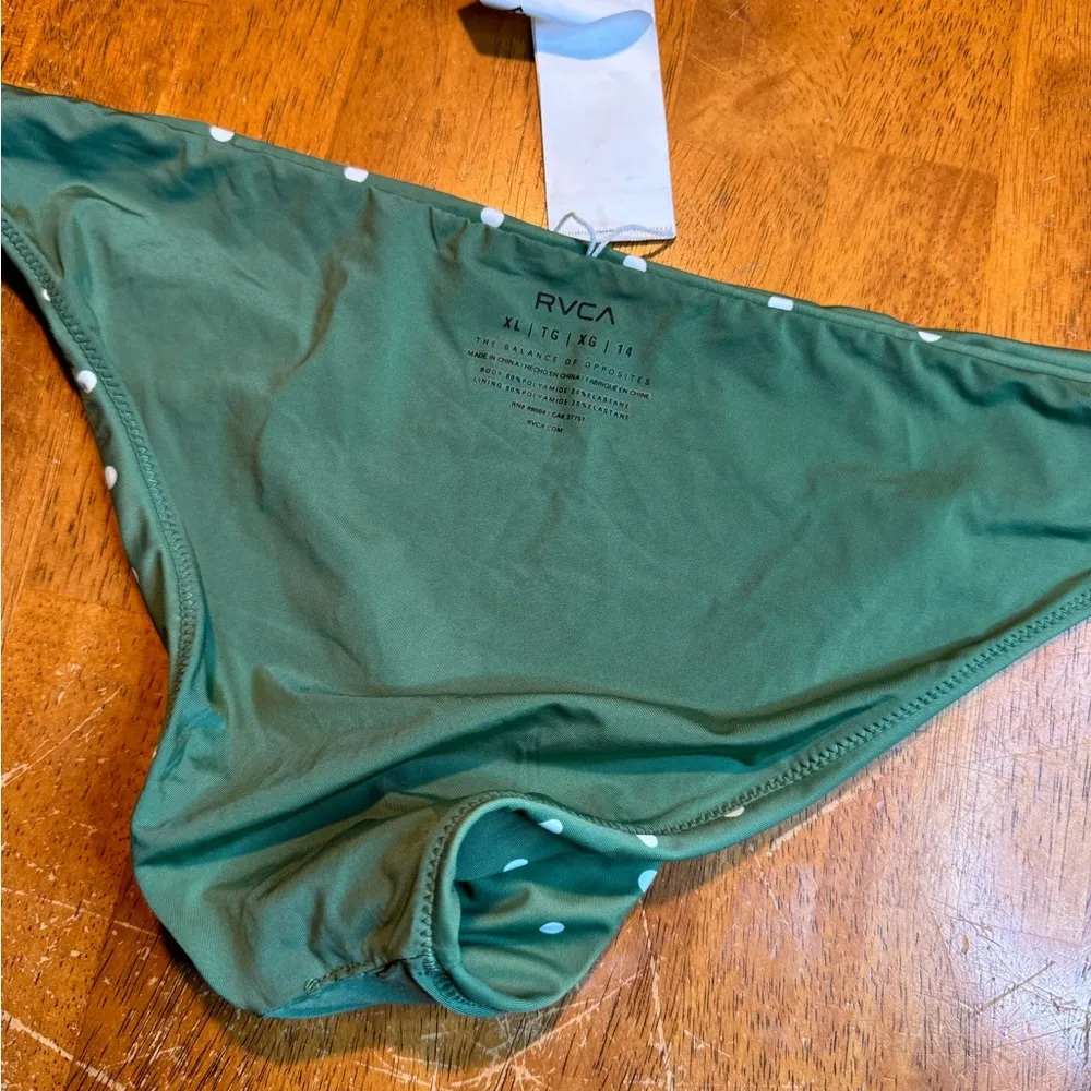 NWOT RVCA Swimsuit Bikini Cheeky Low Rise Hipster Bottom Green Polka Dot - Image 5