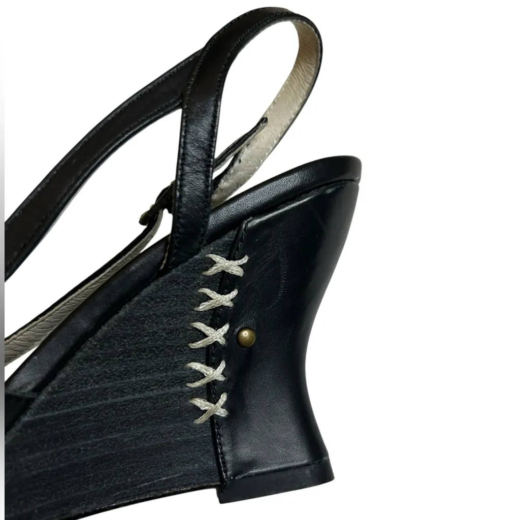 S2 Scene Vintage Leather Slingback Peep Toe Woven Cutout Low Wedge | EU 37 Black Size 6 - Image 14