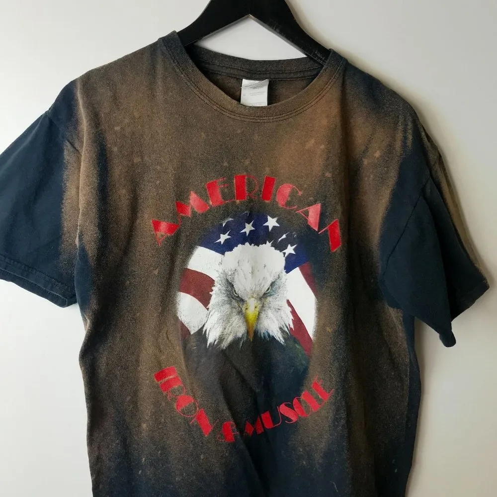Bleached American Iron & Muscle T Shirt Vintage Y2K Brown Black Large L USA Logo - Image 14