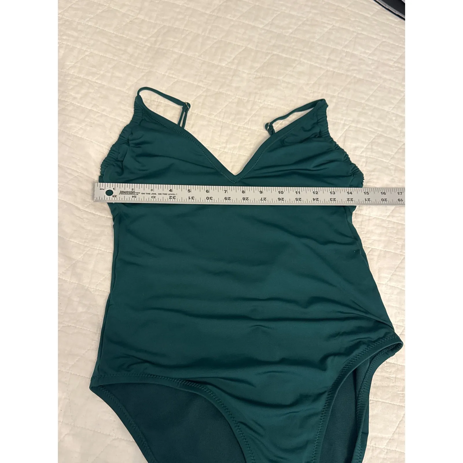 Kona Sol Women's One Piece Swimsuit medium Green V Neck Ruched Straps - Image 5