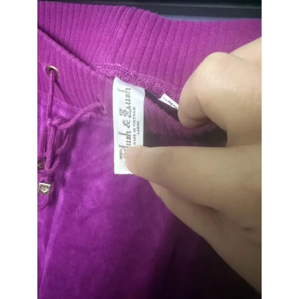 Plush & Lush Velour Track Pants Women's Size Large Wide Leg Purple Sequin Pocket - Image 5