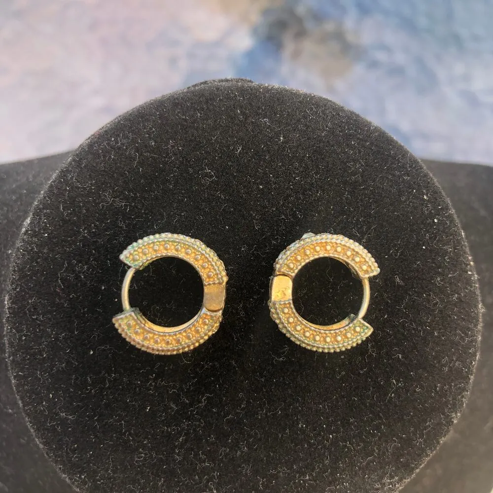 Vintage Gold Tone Huggie Hoop Earrings with Rhinestone Embellishment - Image 2