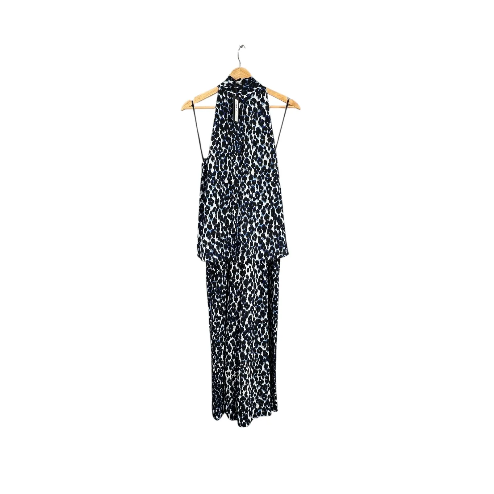 LE GALI Jumpsuit Blue Black Leopard Print Halter Popover Wide Leg Size S New - Image 6