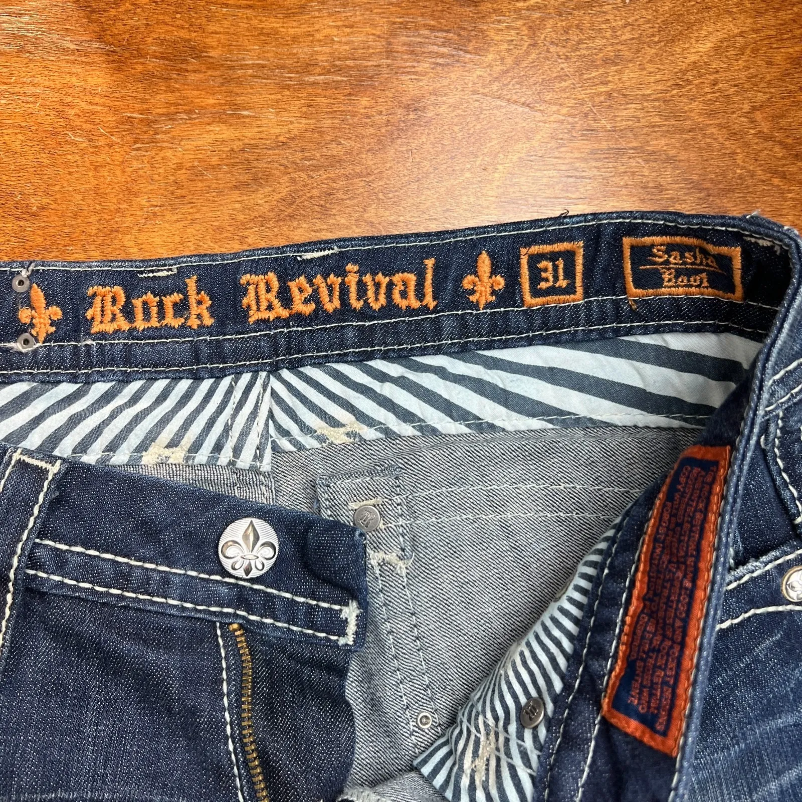 Y2K Rock Revival Sasha Boot Jeans Womens 31 Dark Wash Denim Flap Rhinestones - Image 9