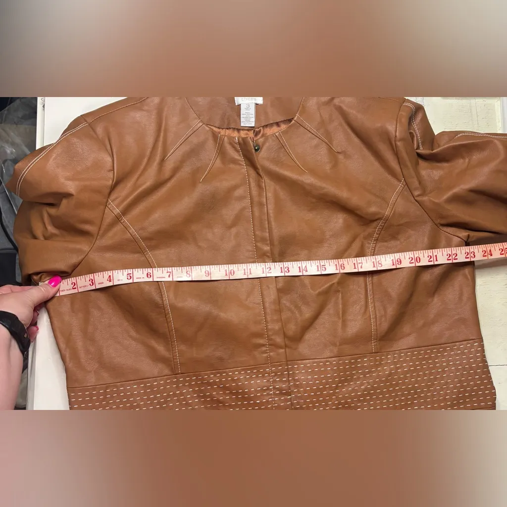 Chico's Faux Leather Tan Brown Zip Up Jacket Blazer Size 3/ XL Moto - Image 4