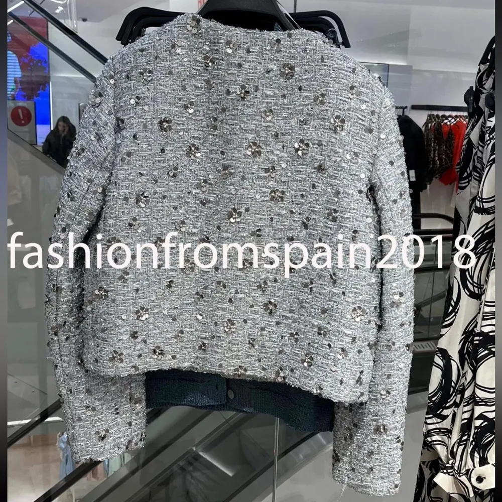 Zara ZW TWEED WEAVE TEXTURE SEQUIN CROPPED JACKET Blazer Blue/Silver Size XS NEW - Image 14