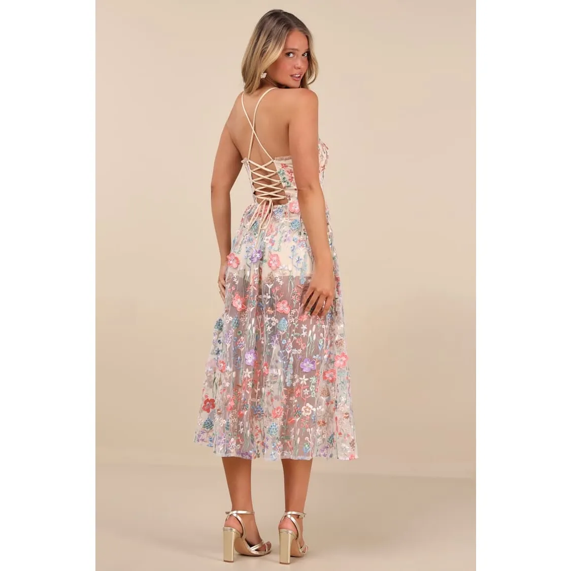 NWT Lulus Mahryn Beige 3D Floral Embroidered Midi Bodysuit Dress Fairycore M - Image 7
