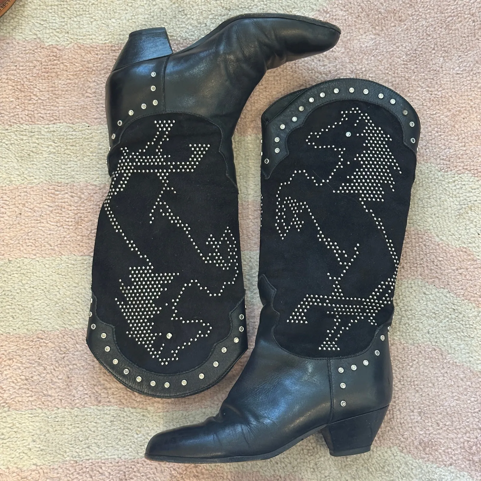 Vintage 1980s La Marca Black Horse Studded Suede Western Boots Cowgirl OOAK Rare Size 5.5 - Image 8