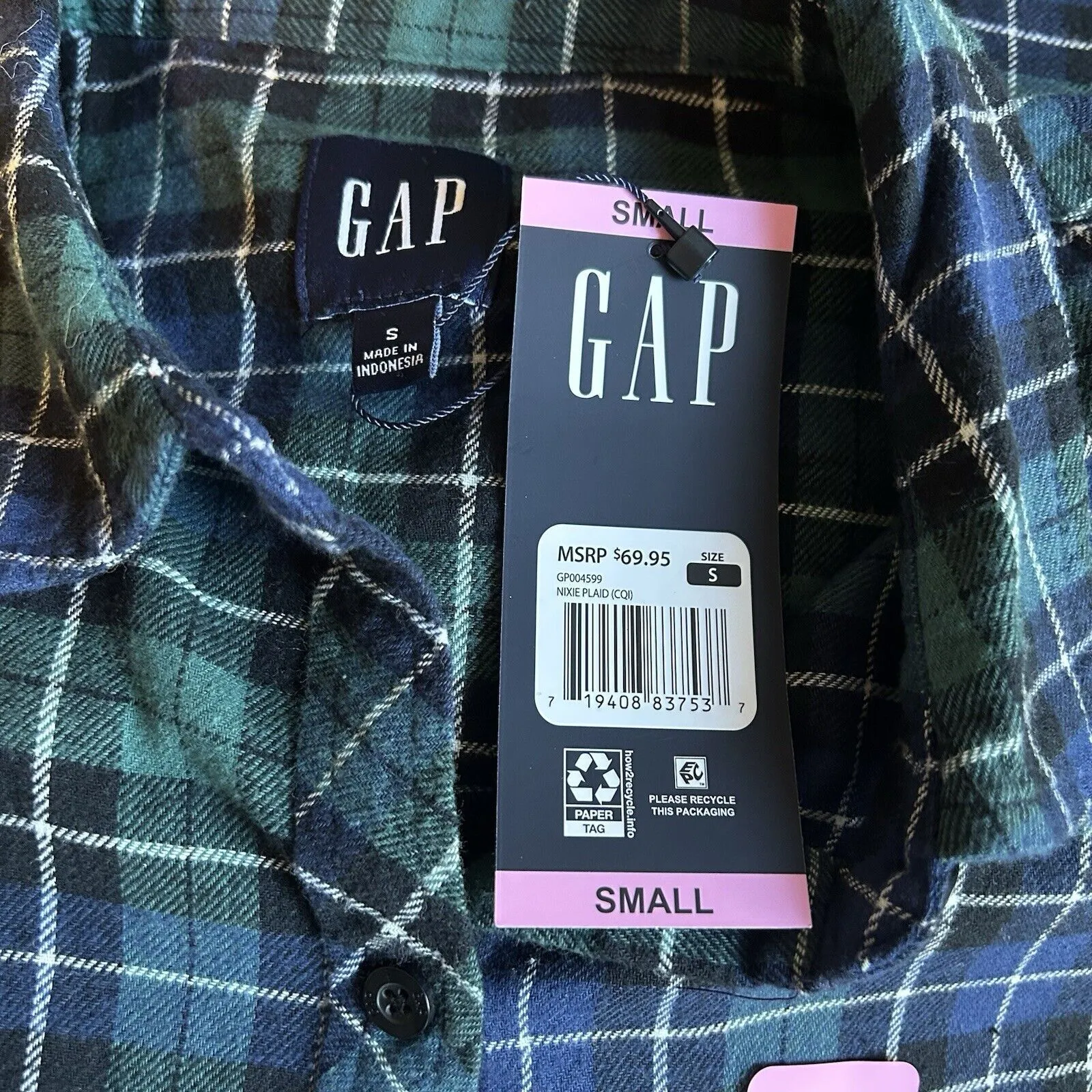 GAP Women's Nixie Plaid Blue Green Relaxed Fit Flannel Button Up Shirt Size S - Image 6