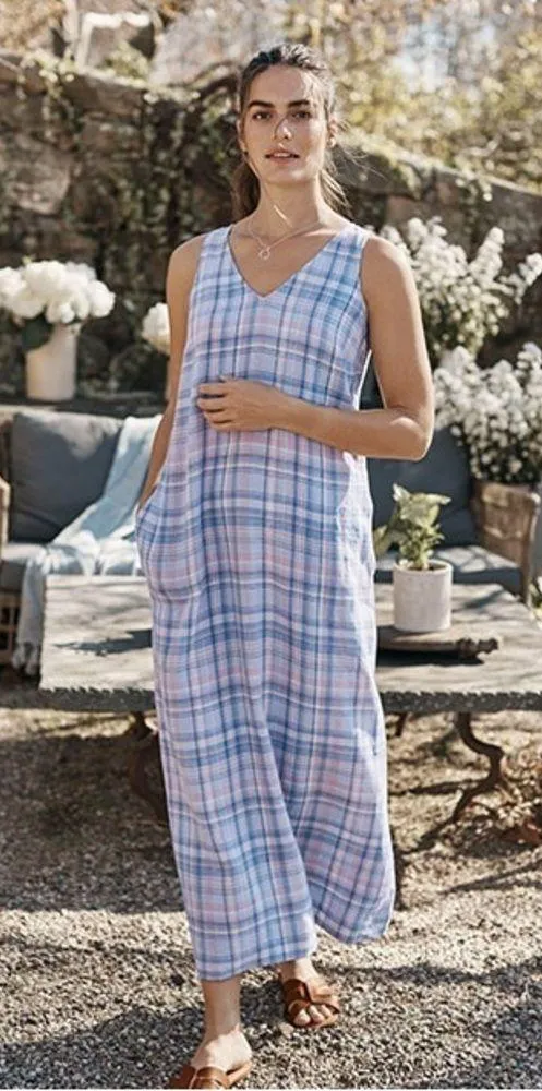 J Jill The Madras Maxi Dress 100% Linen Sleeveless Relaxed Fit Pockets Blue Sz M Size M - Image 14