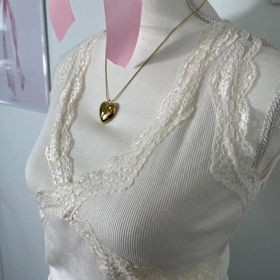 Vintage Y2K Axcess White Babydoll Lace Trim Ribbed Tank Womens Large‎ - Image 3