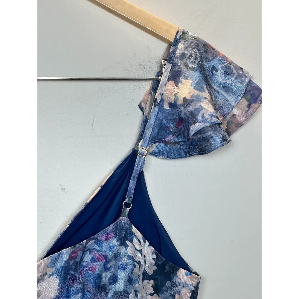 Hutch Women's Size 10 Blue Ruffled Maxi Dress Floral Cap Sleeve EUC - Image 9
