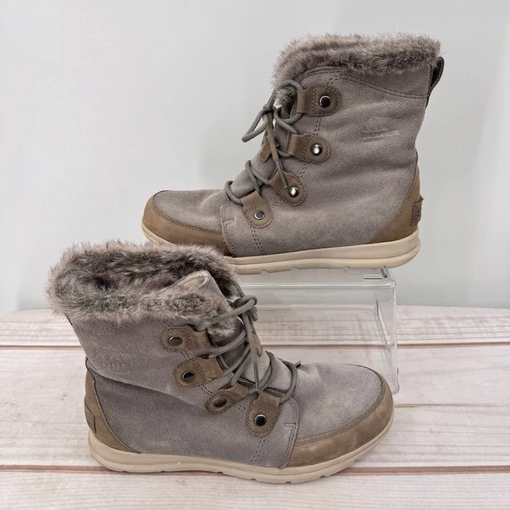 Sorel Explorer Joan Boots Gray Taupe Suede Faux Fur Lace Up Warm Winter Size 10 - Image 2