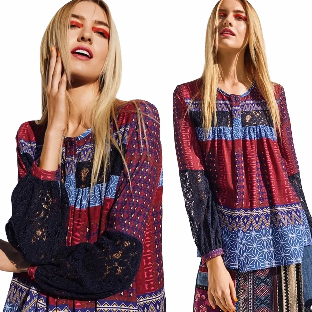 𑁍 Mona Fucsias Boho Lace Sleeve Printed Button Down Shirt 𑁍 Blue Pink - Image 11