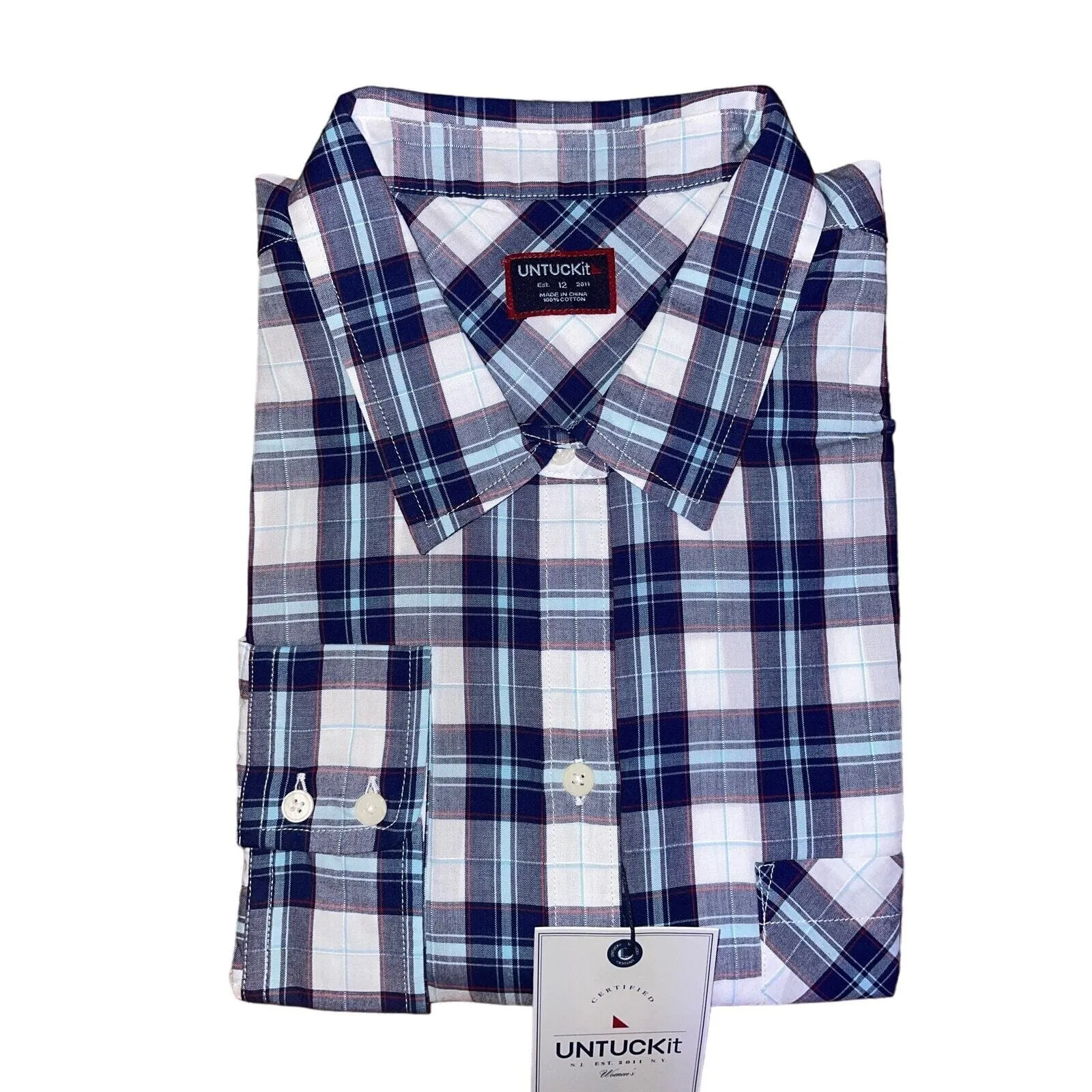 Women's Plus! Untuckit Button Down Bold Navy, Aqua, White Plaid "Sorbo" Size 16 Blue - Image 3