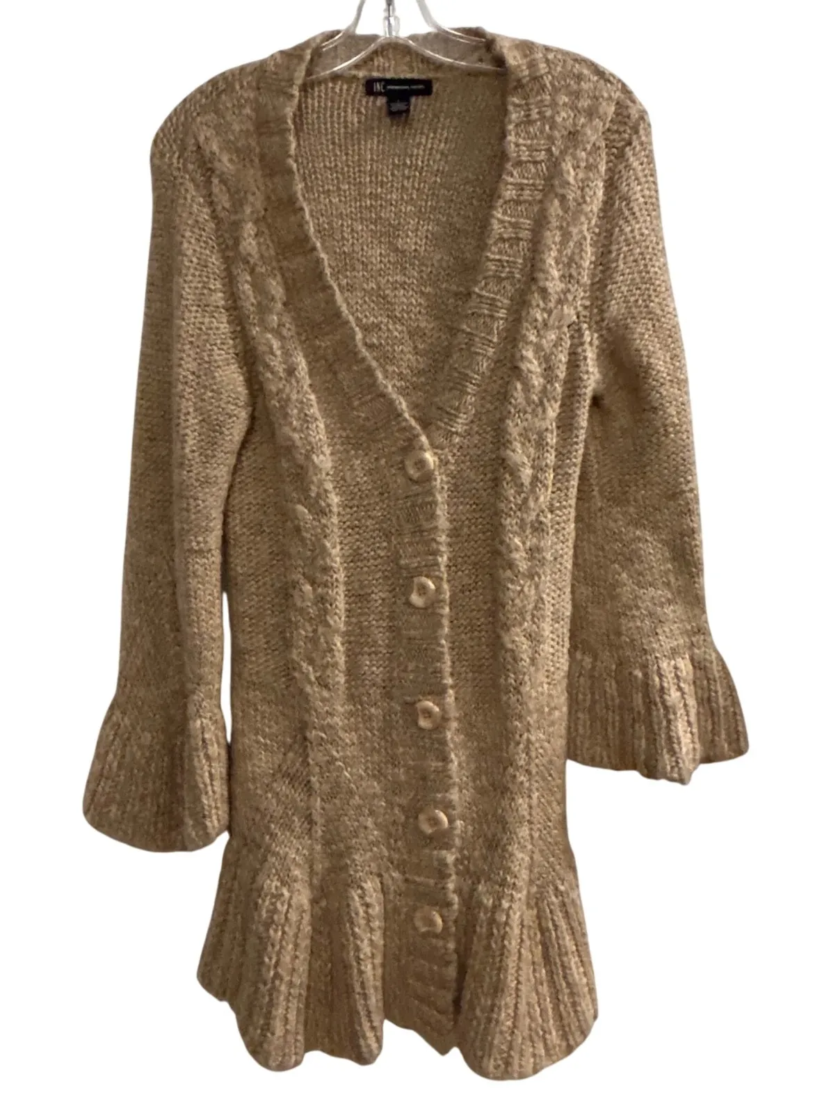 INC International Concepts Tan Knit Cardigan Front Ruffle Flared Sleeve Large - Image 1