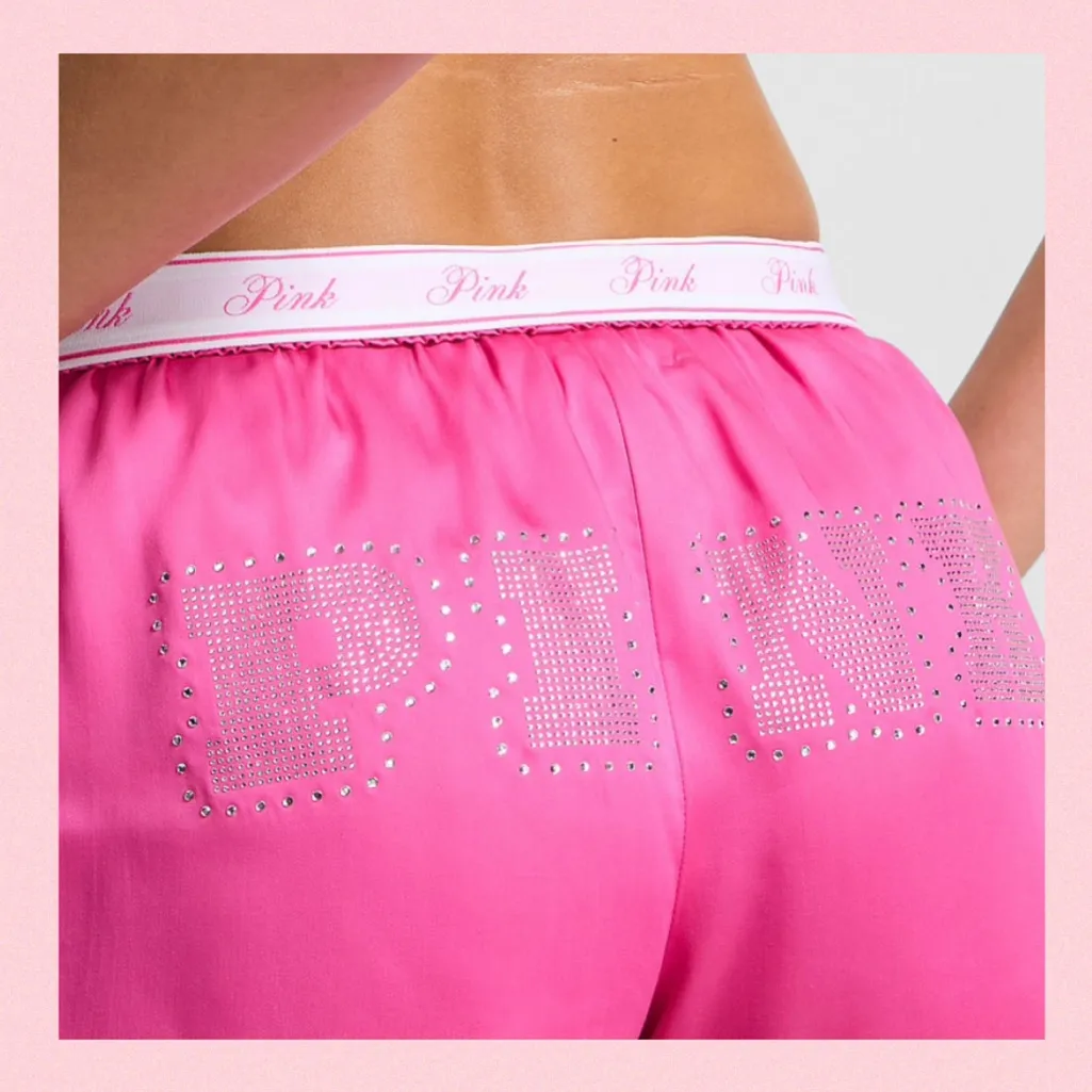 PINK VICTORIA’S SECRET Silky Pink Pajama Shorts Bling “PINK Backside Logo SMALL - Image 10