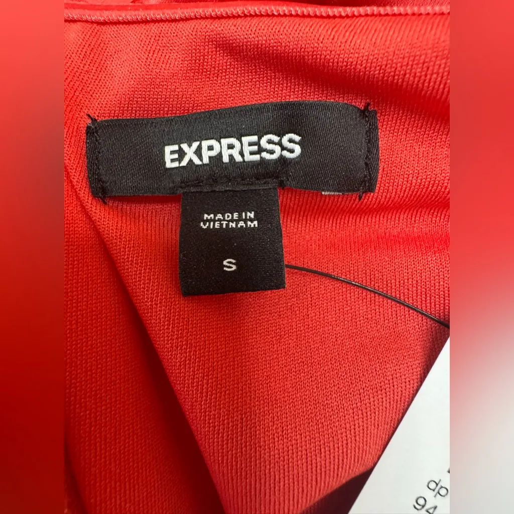 Express Satin Pleated Tie Halter Sweetheart Asymmetrical Midi Dress Coral Small - Image 5