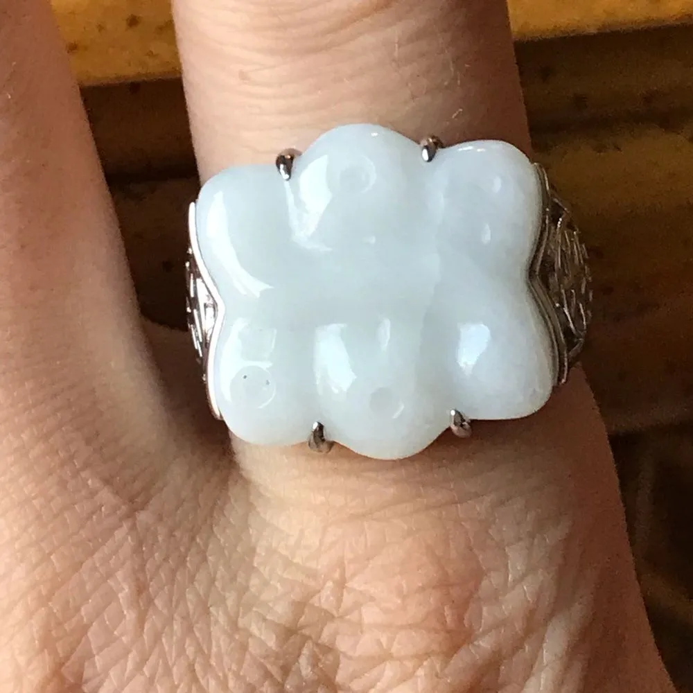 Natural Jade Sterling Silver Ring Discounted Size 9 White - Image 8