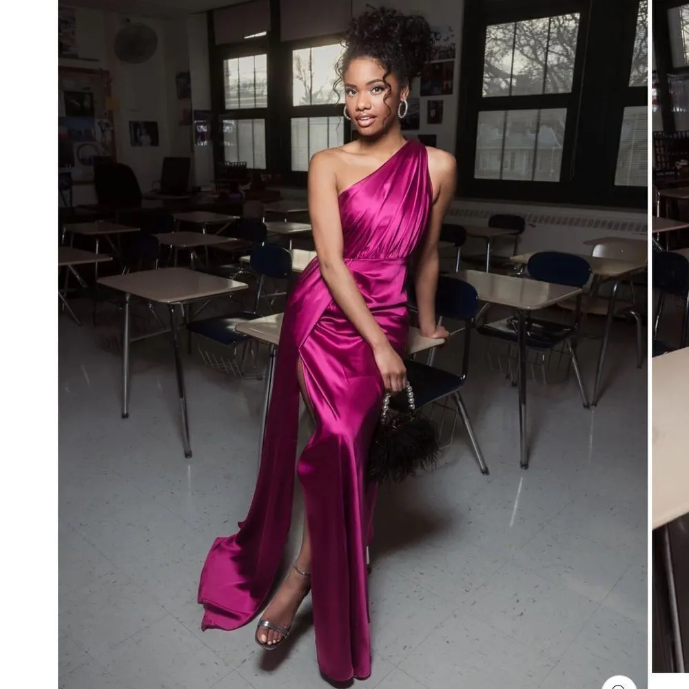 Mac Duggal 26654 Gathered One Shoulder Satin Faux Wrap Gown Dress - Image 3