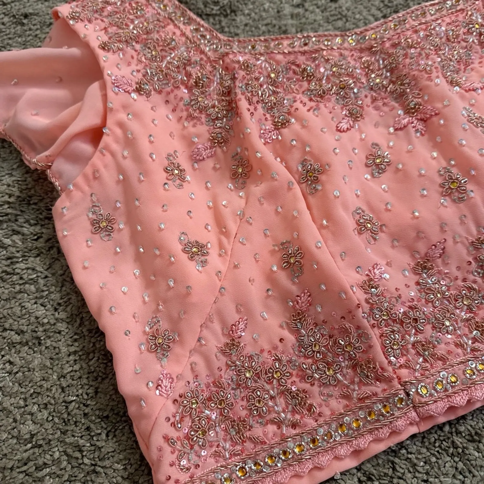 Embellished Silk Beaded Coral Pink Women's Sari Top - Image 10