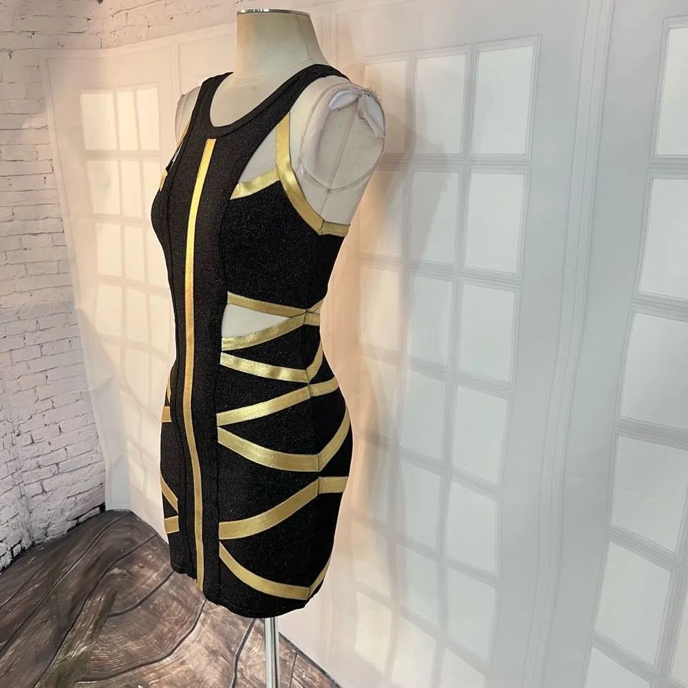 Bebe Addiction Cut Out Gold Metallic Bandage Bodycon Black Mini Dress Size S - Image 3