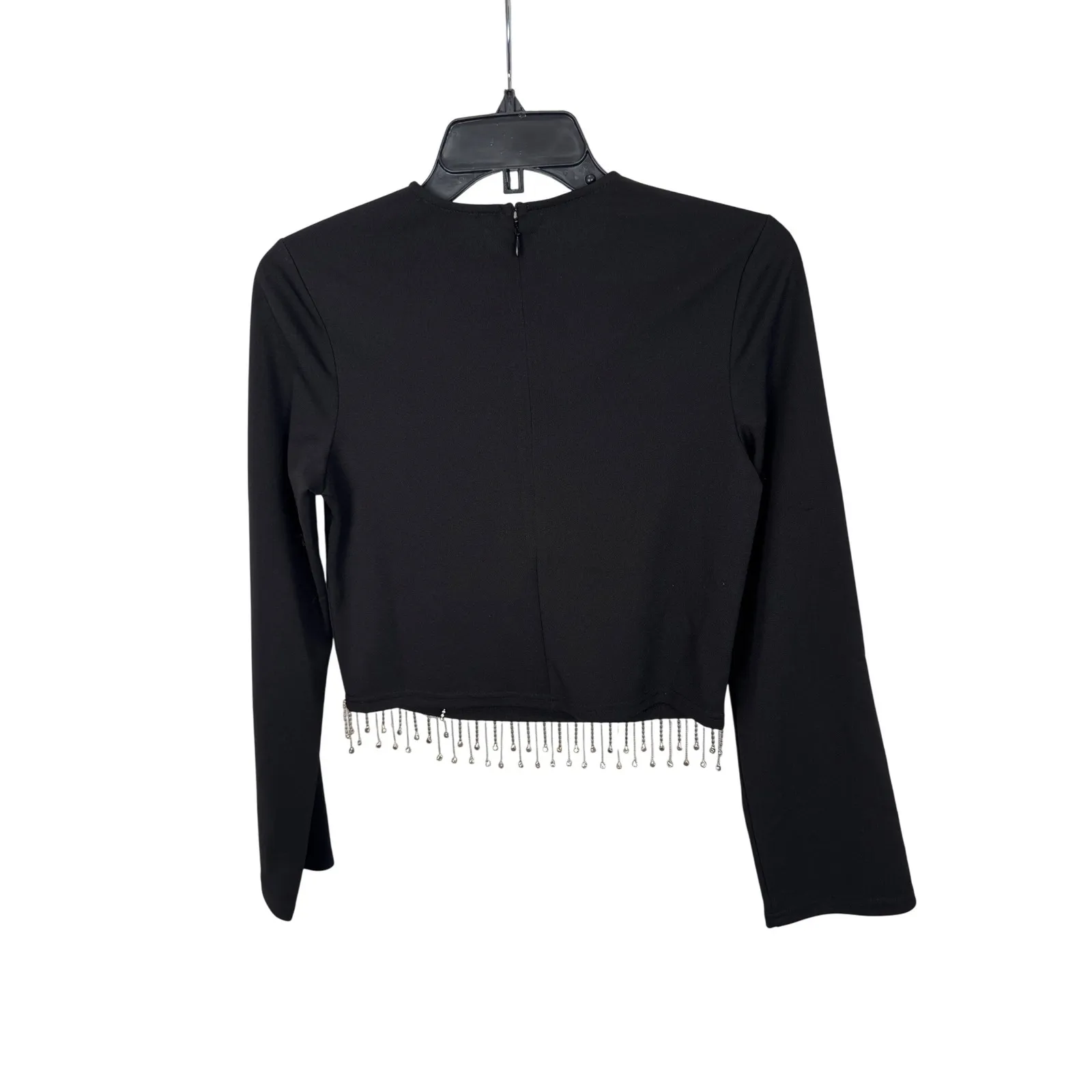 Aqua Black Long‎ Sleeve Rhinestone Fringe Crop Top Womens XS - Image 6