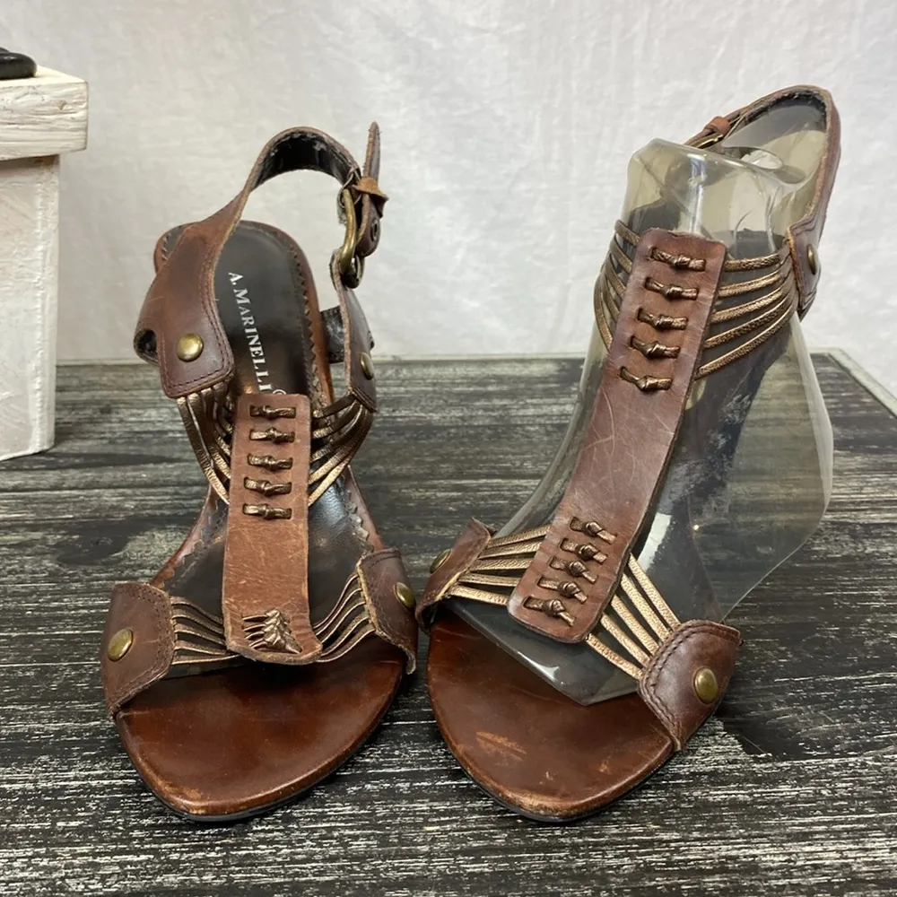 A. Marinelli Brown 100% Leather Ankle Buckle Heel Sandal Shoes 7 - Image 3