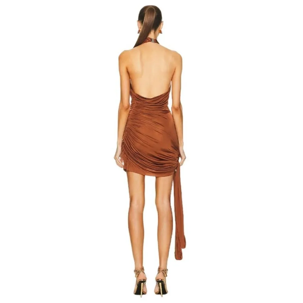 GAUGE81 Riga Halter Slinky Dress in Chestnut Brown Large New Womens Cocktail - Image 2