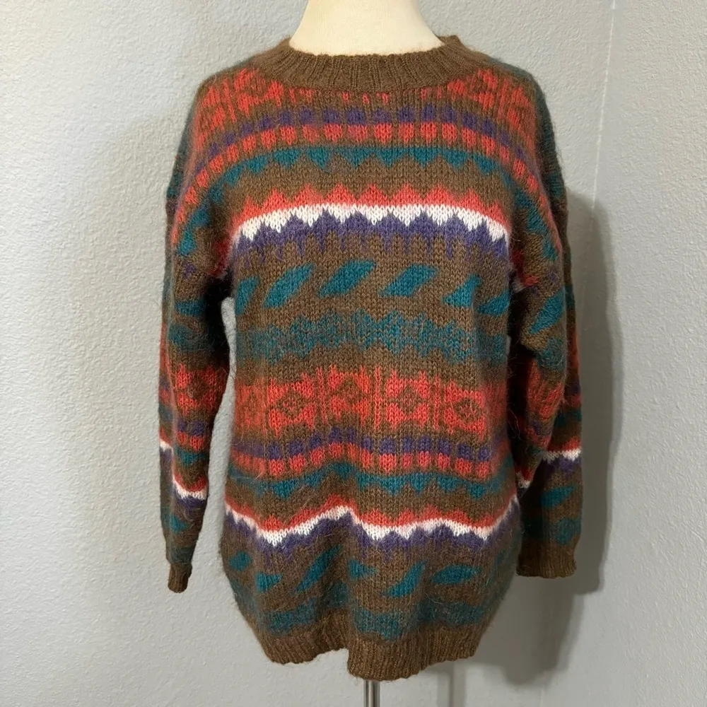 Knit Knit Colorful Vintage Mohair Wool Blend Round Neck Winter Cozy Sweater Sz M Brown Size M - Image 2