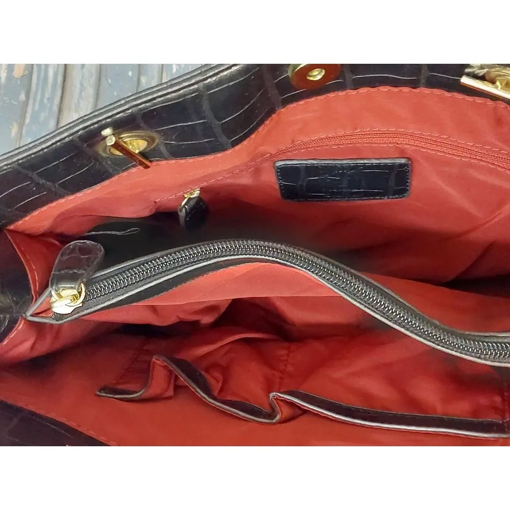 Black Anne Klein Faux Croc Shoulder Bag Purse with Gold Tone Hardware Logo Charm - Image 12