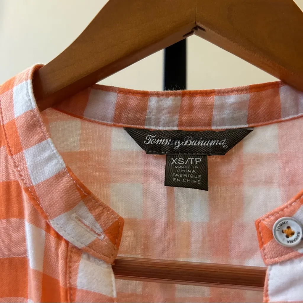 Tommy Bahama Gingham Check Mini Dress Belt Tie 100% Cotton Orange White Size XS - Image 5