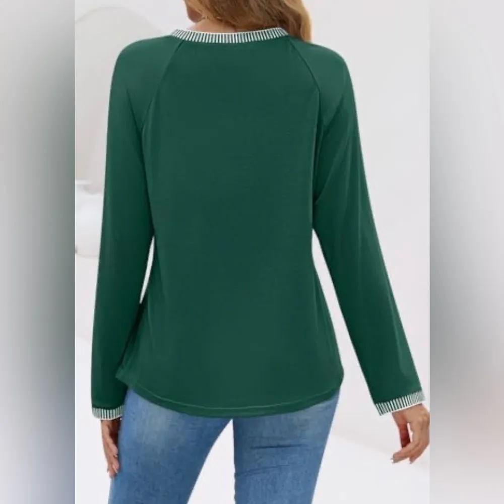 NWT Women MEROKEETY Green Long Sleeve Pleated Round Neck Elegant Top - Image 2