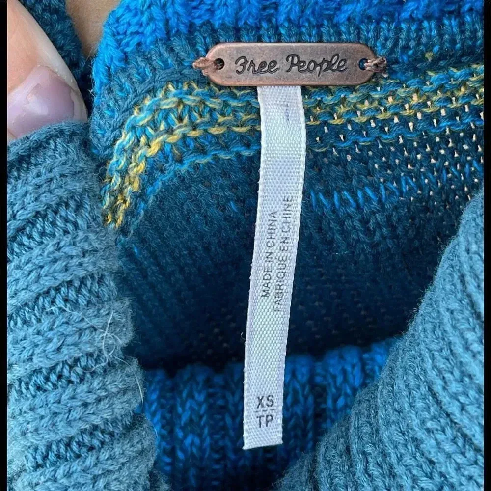 Free People Knit Striped Long Flared-Sleeve Turtleneck Sweater Blue XS - Image 7